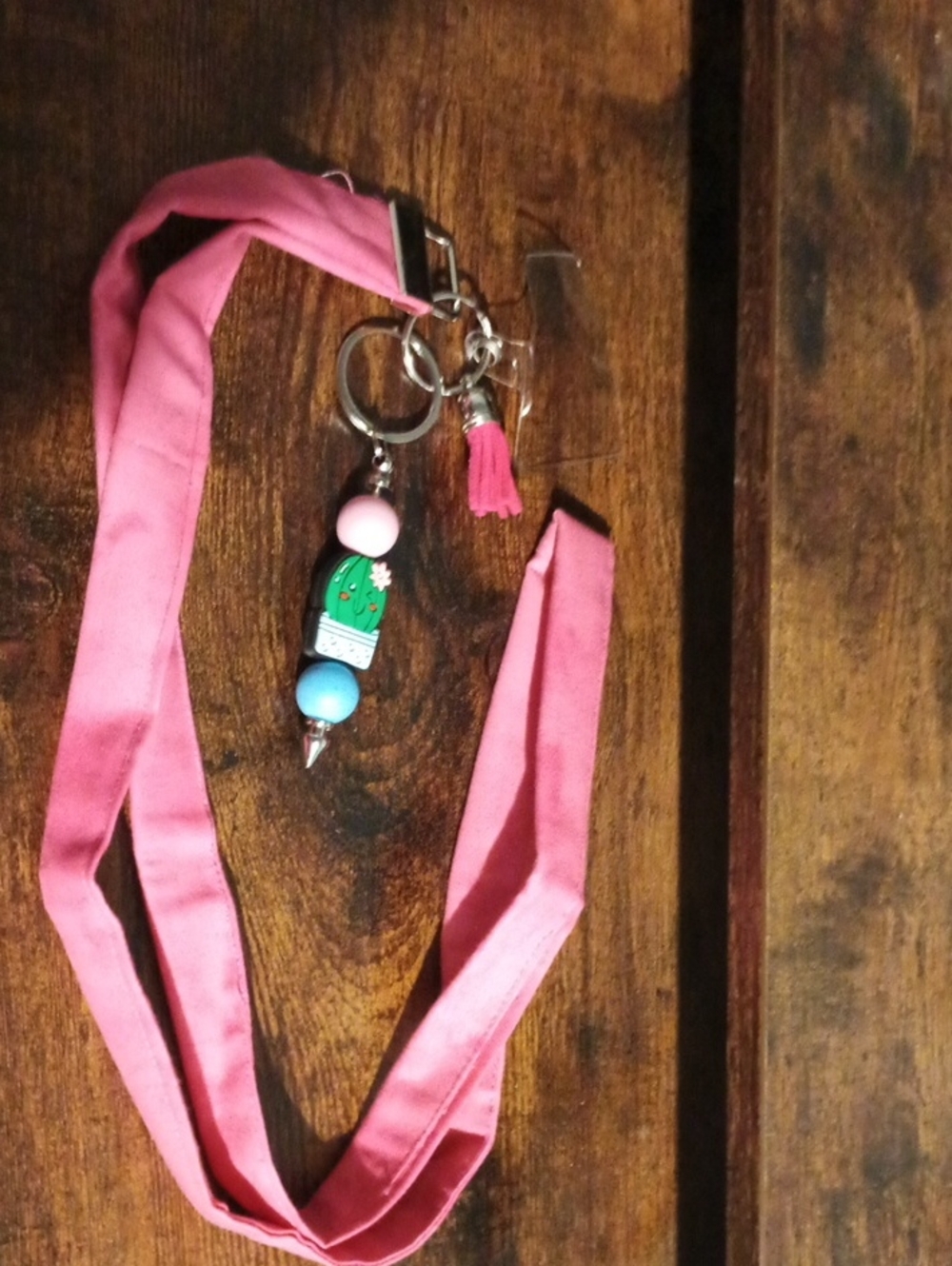 Pink Lanyard with Beaded Keychain.